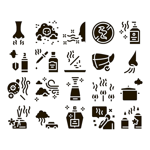 Odor Aroma And Smell Glyph Set Vector. Nose Breathing Aromatic Odor And Clean Air, Perfume And Oil Bottle, Facial Mask And Candle Glyph Pictograms Black Illustrations