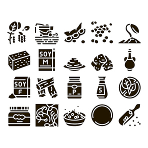 Soy Bean Food Product Glyph Set Vector. Agricultural Harvester Harvesting On Farm And Milk Package, Soy Sauce Bottle And Plant Glyph Pictograms Black Illustrations