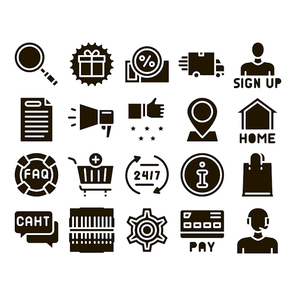 Webshop Internet Store Glyph Set Vector. Webshop Online Shop Coupon And Buy, Chat And Faq, Information And Pay Glyph Pictograms Black Illustrations