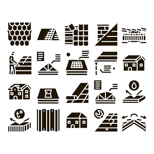 Roof Housetop Material Glyph Set Vector. House Roof Waterproof And Temperature Heat Resistant Construction, Repair And Installation Glyph Pictograms Black Illustrations