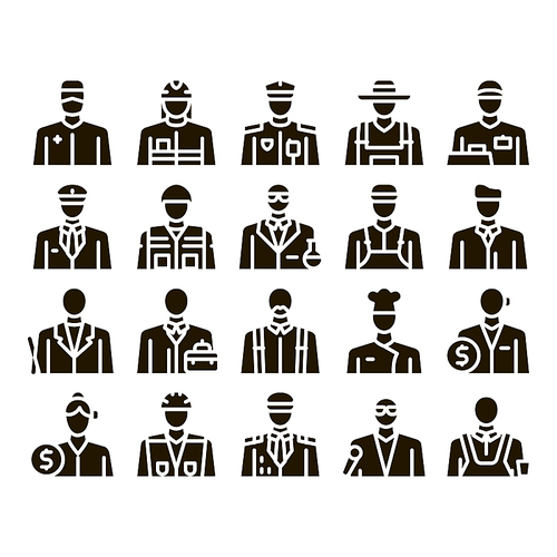 Professions People Glyph Set Vector. Policeman And Farmer, Fireman And Soldier, Businessman And Businesswoman, Barber And Builder Glyph Pictograms Black Illustrations