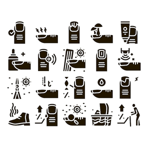 Nail Infection Disease Glyph Set Vector. Nail Infection And Treatment, Virus And Research, Smell Boot And Feet Wash Glyph Pictograms Black Illustrations