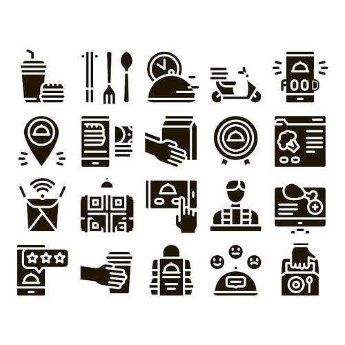 Food Delivery Service Glyph Set Vector. Food Delivery Boy And Motorcycle, Online Order And Phone Application, Utensil And Nutrition Glyph Pictograms Black Illustrations