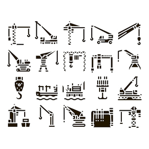 Crane Building Machine Glyph Set Vector. Crane Port Construction For Unloading Ship And Tower For Build House, Lifting Weight Glyph Pictograms Black Illustrations