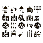 Bbq Barbecue Cooking Glyph Set Vector. Bbq Fried Meat And Shrimp, Fish, Utensil And Gas Lighter, Grid And Wood Stick Glyph Pictograms Black Illustrations