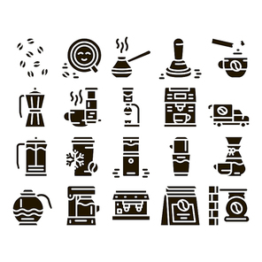Coffee Energy Drink Glyph Set Vector. Coffee Beans And Package, Grinder And Machine For Make Beverage, Cup And Pot Glyph Pictograms Black Illustrations