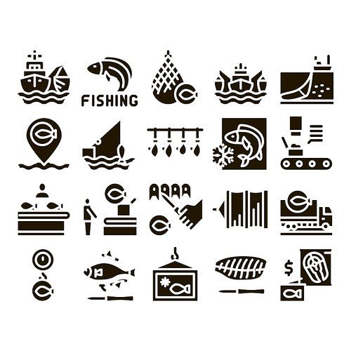 Fishing Industry Business Process Icons Set Vector. Fishing Industry Processing, Boat With Catch, Fish Drying And Froze, Factory Conveyor Glyph Pictograms Black Illustrations