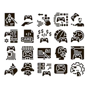 Video Game Development Glyph Set Vector. Game Development, Coding And Design, Developing Phone App And Web Site Glyph Pictograms Black Illustrations