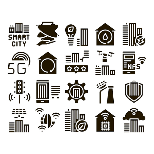 Smart City Technology Glyph Set Vector. Smart City Tool Traffic Lights And Drone Delivery, Solar Battery And Eco Energy Plant Glyph Pictograms Black Illustrations