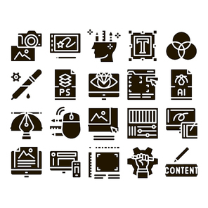 Graphic Design And Creativity Icons Set Vector. Photo Camera And Tablet For Design, Computer Application For Drawing And Painting Glyph Pictograms Black Illustrations