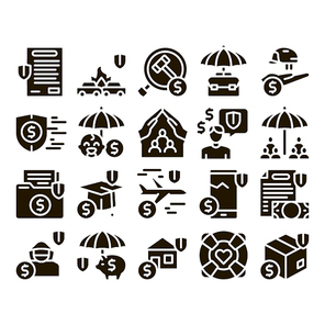 Insurance All-purpose Glyph Set Vector. Insurance Agreement For Protection House And Car, Health And Life, Phone And Lost Work Glyph Pictograms Black Illustrations