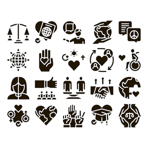Tolerance And Equality Glyph Set Vector. Tolerance For Different Religion And Race, People With Disabilities And Gender Glyph Pictograms Black Illustrations