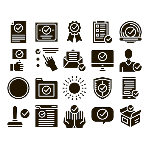 Approved Collection Elements Vector Icons Set Thin Line. Approved Sings On Document File And Hands, Computer Monitor And Smartphone Display Glyph Pictograms Black Illustrations