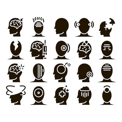 Headache Collection Elements Vector Icons Set Thin Line. Tension And Cluster Headache, Migraine And Brain Symptom Glyph Pictograms Black Illustrations