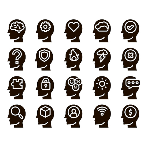 Mind Collection Elements Signs Vector Icons Set Thin Line. Gear And Brain Mind, Heart And Shield, Padlock And Coin Marks in Man Head Silhouette Glyph Pictograms Black Illustrations