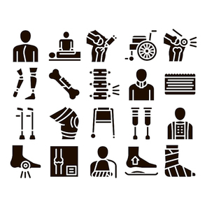 Orthopedic Collection Elements Vector Icons Set Thin Line. Orthopedic And Trauma Rehabilitation, Cervical Collar And Walkers Glyph Pictograms Black Illustrations