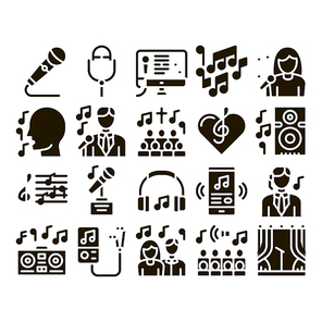 Singing Song Collection Elements Vector Icons Set. Singer And Musical Notes, Microphone And Headphones, Concert, Opera And Singing In Karaoke Glyph Pictograms Black Illustrations