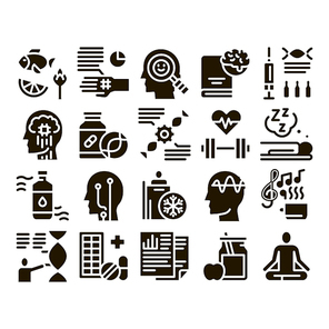 Biohacking Collection Elements Icons Set Vector Thin Line. Meditation And Brain, Dna And Helix, Genetic And Drugs Biohacking Glyph Pictograms Black Illustrations