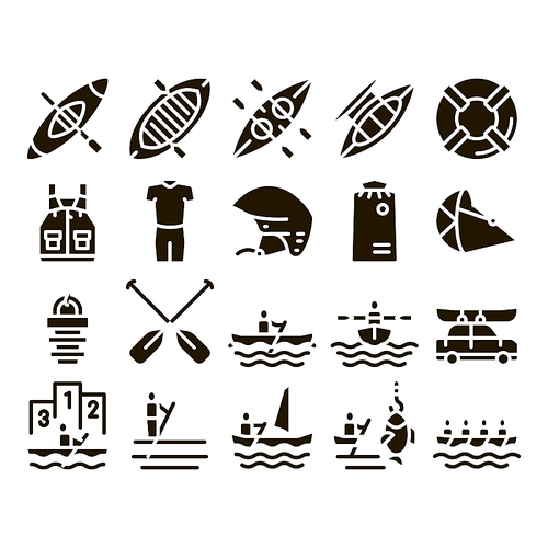 Canoeing Collection Elements Icons Set Vector Thin Line. Canoe Transportation On Car And Canoening Protection Safety Life Equipment Glyph Pictograms Black Illustrations