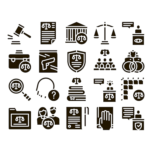 Law And Judgement Glyph Set Vector Thin Line. Courthouse And Judge, Gun And Magnifier, Fingerprint And Suitcase, Law Document Glyph Pictograms Black Illustrations