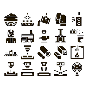 Metallurgical Collection Elements Icons Set Vector Thin Line. Factory Furnace, Metal Melting And Metallurgical Pipe Foundry Glyph Pictograms Black Illustrations