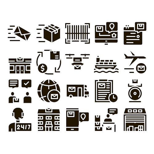 Postal Transportation Company Icons Set Vector Thin Line. Hotline Support And Postal Building, Ship And Airplane, Drone Delivery And Truck Glyph Pictograms Black Illustrations