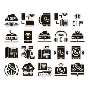 Voip Calling System Glyph Set Vector Thin Line. Server For Voice Ip And Cloud, Smartphone And Phone, Wifi Mark And Headphones Glyph Pictograms Black Illustrations