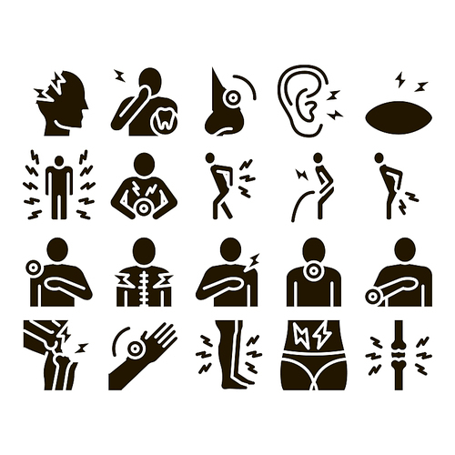 Body Ache Collection Elements Icons Set Vector Thin Line. Headache And Toothache, Backache And Arthritis, Stomach And Muscle Ache, Eye And Foot Pain Pictograms. Monochrome Contour Illustrations