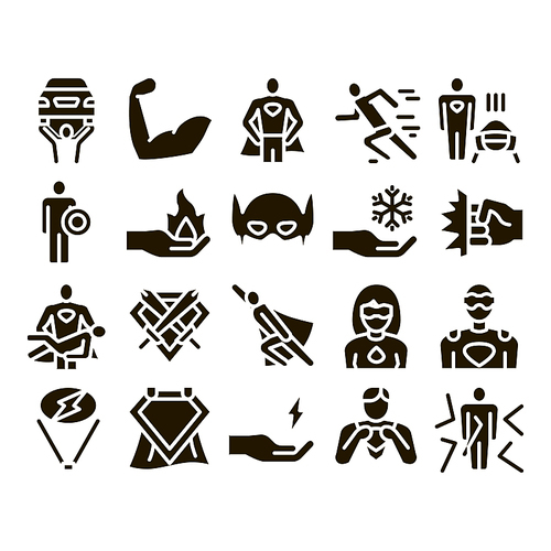 Super Hero Collection Face Mask And Muscle Power Glyph Elements Icons Set Vector