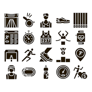 Marathon Collection Elements Icons Set Vector Thin Line. Human Athlete Silhouette Running And Uniform, Sport Stadium For Marathon And Shoe Glyph Pictograms Black Illustrations