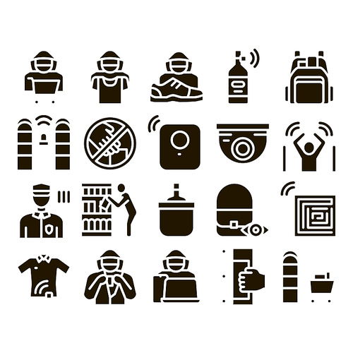 Shoplifting Collection Elements Icons Set Vector Thin Line. Video Camera And Guard Security From Shoplifting, Human Shoplifter Silhouette Glyph Pictograms Black Illustrations