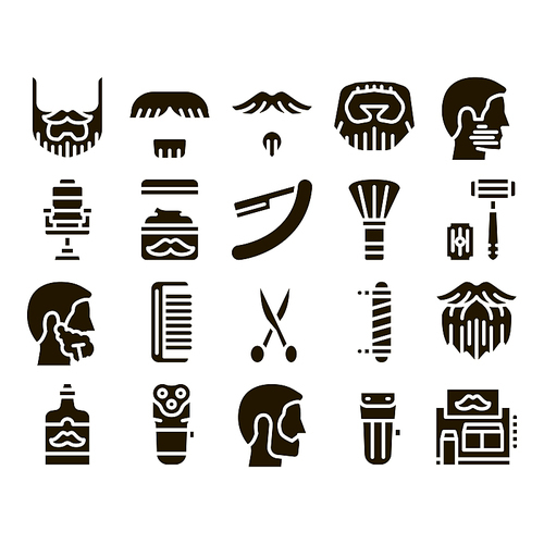 Beard And Mustache Glyph Set Vector Thin Line. Man Silhouette Shave Beard By Razor, Scissors And Electronic Device Glyph Pictograms Black Illustrations
