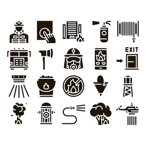 Firefighter Equipment Glyph Set Vector Thin Line. Firefighter Man Silhouette In Mask, Extinguisher, Axe And Fire Department Truck Glyph Pictograms Black Illustrations