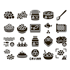 Caviar Seafood Product Glyph Set Vector Thin Line. Fish Eggs, Caviar In Metallic Container, On Sandwich With Butter And Spoon Glyph Pictograms Black Illustrations