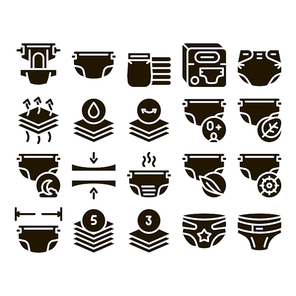 Diaper For Newborn Glyph Set Vector Thin Line. Diaper For Kids With Drop Of Liquid And Leaf, Multilayer And Comfortable Glyph Pictograms Black Illustrations