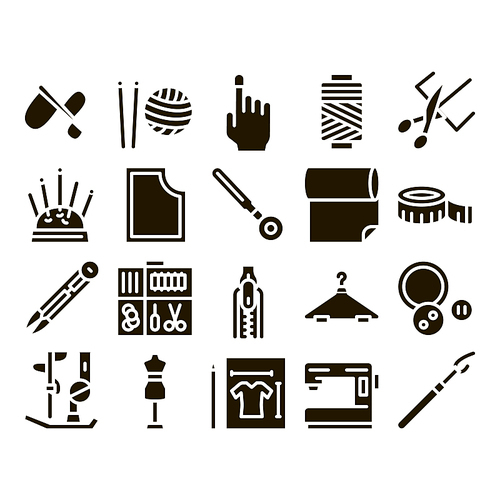 Sewing And Needlework Glyph Set Vector Thin Line. Sewing Needle And Measure, Dummy And Bobbin, Button And Fabric Glyph Pictograms Black Illustrations