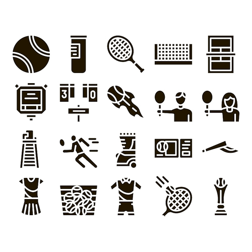 Tennis Game Equipment Glyph Set Vector Thin Line. Racket And Tennis Field, Cup And Tracksuit, Ball Basket And Player Glyph Pictograms Black Illustrations