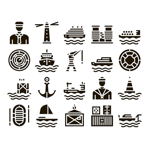 Marine Port Transport Glyph Set Vector Thin Line. Port Dock And Harbor, Lighthouse And Anchor, Captain And Sailor, Crane And Ship Glyph Pictograms Black Illustrations