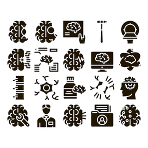 Neurology Medicine Glyph Set Vector Thin Line. Neurology Equipment And Neurologist, Brain And Nervous System, Nerves And Files Glyph Pictograms Black Illustrations