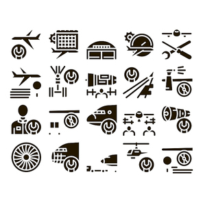 Aircraft Repair Tool Glyph Set Vector Thin Line. Aircraft Engine And Chassis, Helicopter And Airplane, Master And Hangar Glyph Pictograms Black Illustrations
