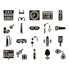 Intim Shop Sex Toys Glyph Set Vector Thin Line. Intim Shop Building And Internet Web Site, Collar And Handcuffs, Mask And Condom Glyph Pictograms Black Illustrations