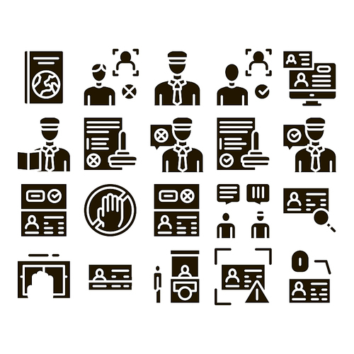 Passport Control Check Glyph Set Vector Thin Line. Scanning Passport And Stamp, Policeman And Book, Fingerprint And Document Glyph Pictograms Black Illustrations