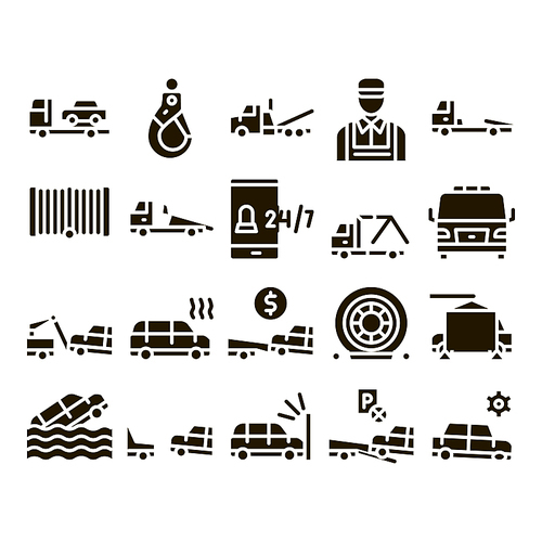 Tow Truck Transport Glyph Set Vector Thin Line. Tow Truck Evacuating And Transportation Broken Car, Winch And Hook Glyph Pictograms Black Illustrations