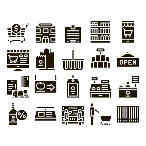 Grocery Shop Shopping Glyph Set Vector Thin Line. Internet Grocery Shop Or In Super Market, Scales And Cash Machine Glyph Pictograms Black Illustrations