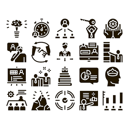 Mentor Relationship Glyph Set Vector Thin Line. Human Holding Key And Gear, Stopwatch And Mountain With Flag, Mentor Glyph Pictograms Black Illustrations