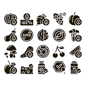 Organic Eco Foods Glyph Set Vector Thin Line. Organic Tomato And Mushrooms, Peach And Grape, Apple And Cherry Glyph Pictograms Black Illustrations