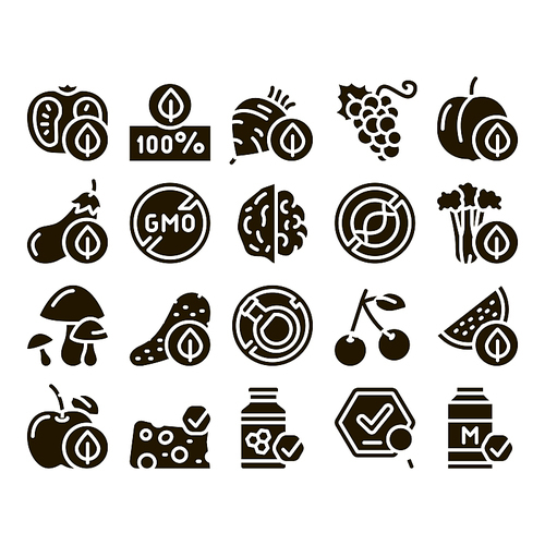 organic  foods glyph set vector thin line. organic tomato and mushrooms, peach and grape, apple and cherry glyph pictograms black illustrations