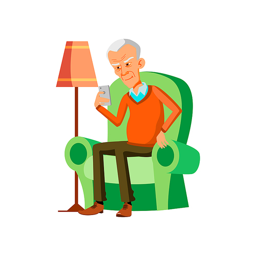 Old Man Reading Sms On Mobile Phone Screen Vector. Asian Elderly Guy Sitting In Living Room Armchair And Read Message Or Watching Photo On Phone Display. Character Flat Cartoon Illustration