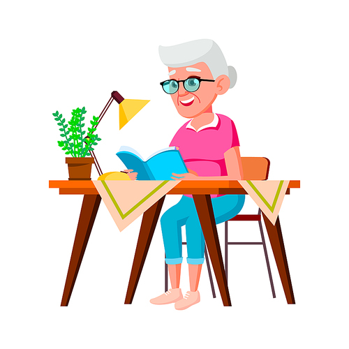 Old Woman Sitting At Table And Reading Book Vector. Smiling Elderly Lady Sit At Desk And Read Educational Book Literature. Character Aged Grandmother Studying Flat Cartoon Illustration