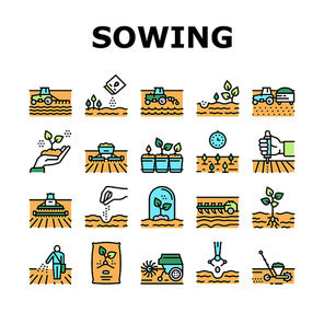 Sowing Agricultural Collection Icons Set Vector. Sowing Seeds And Field Processing, Plant Care And Harvesting, Tractor And Harvester Color Contour Illustrations